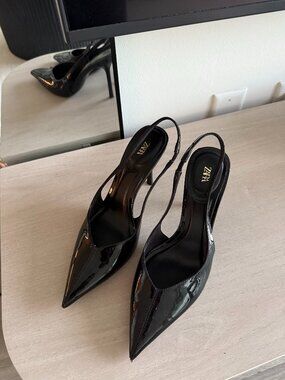 ZARA Black Patent Slingback Heels – Pointed Toe Stiletto Pumps